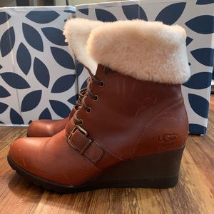 UGG Leather Wedge Buckle with white fur